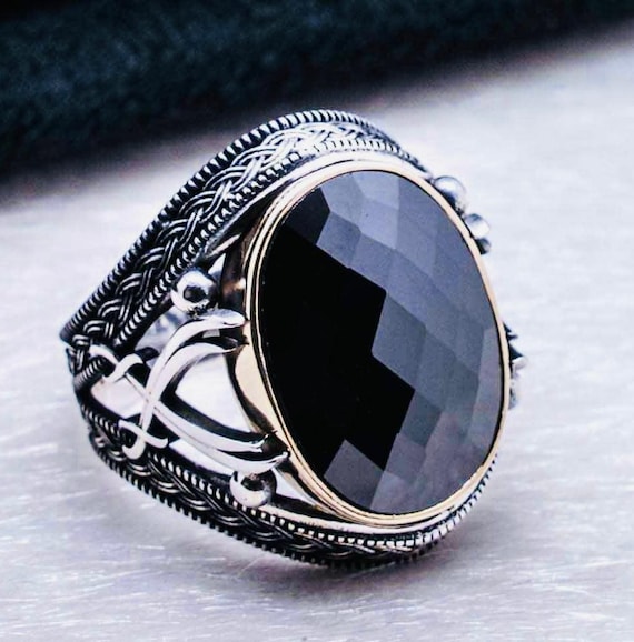 925 Sterling Silver Men’s Ring with Black Zircon & Sword Design