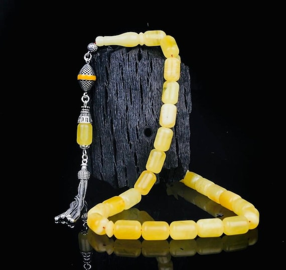 Mat Finish Capsule Cut Damla Amber Misbaha with Silver Tassel