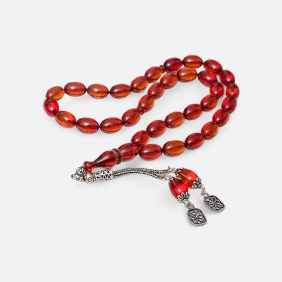 Fire Amber Prayer Beads with Silver Tassel Handmade Misbaha Tesbih 33 Beads