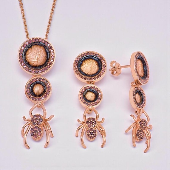 Spider & Leaf Jewelry Set for Women – 925 Sterling Silver Rose Gold Plated