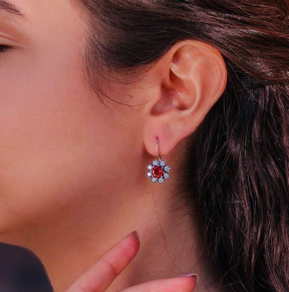 925 Sterling Silver Flower Safety Pin Earrings: Red & White Zircon, Rhodium Plated
