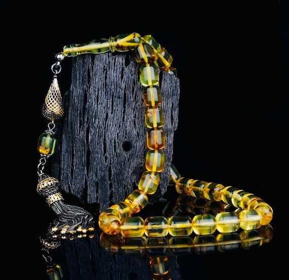 Real Insect Fossil Damla Amber Misbaha – Capsule Cut with Silver Tassel