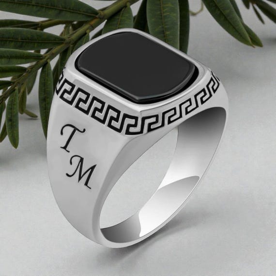 925 Sterling Silver Men’s Ring with Black Onyx Stone & Custom Initials – Greek Motif Design