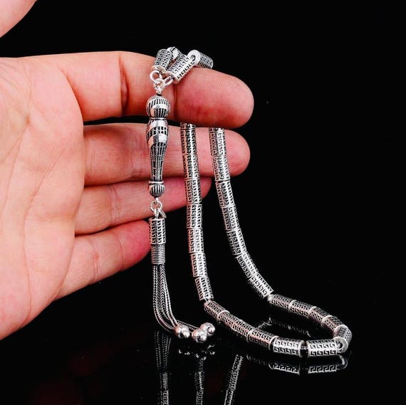925 Sterling Silver Cylinder Cut Tasbih: 33-Bead Muslim Prayer Beads