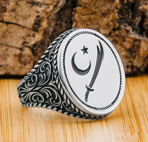 925 Sterling Silver Men's Ring: Zulfiqar Sword & Crescent Star Design