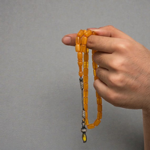 Amber Tone Sıkma Kehribar Misbaha with 1000 Silver Kazaz Tassel Handmade Turkish Tesbih