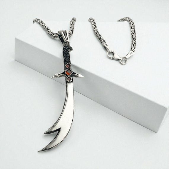 925 Sterling Silver Red Stone Zulfiqar Sword Necklace with King Chain
