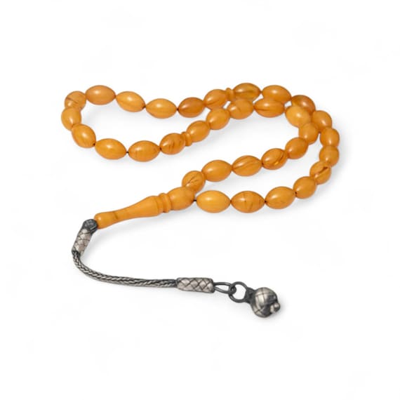 Handmade Yellow Oval Pressed Amber Tasbih with Silver Kazaz Tassel | Islamic Misbaha 33 Beads