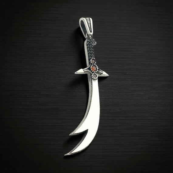 925 Sterling Silver Red Stone Zulfiqar Sword Pendant
