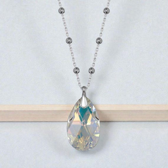 Crystal Drop Necklace - 925 Sterling Silver Chain