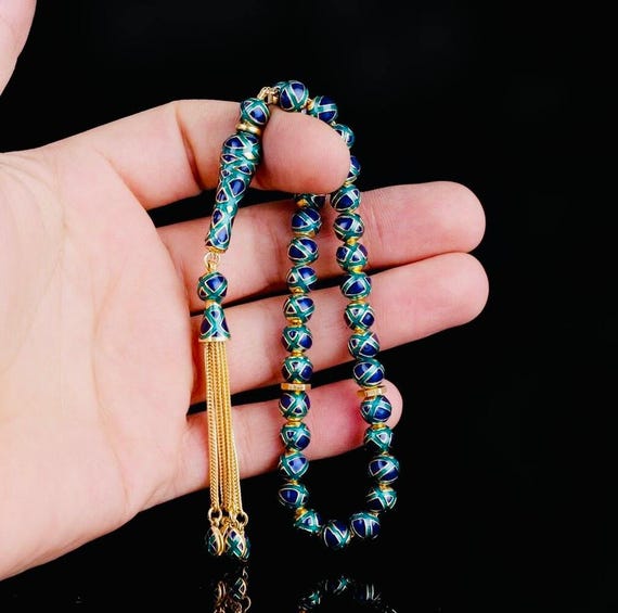 925 Sterling Silver Tasbih – Blue Green Enamel – Zircon – 7.5 mm