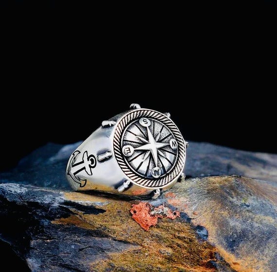 925 Sterling Silver Compass & Anchor Design Men’s Ring