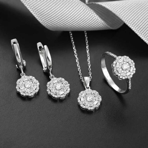 925 Sterling Silver Flower Jewelry Set with Zircon & Baguette Stones | Elegant Women Gift