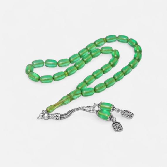 Green Amber Tasbih with Silver Tassel Handmade Misbaha Prayer Beads