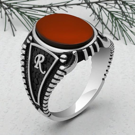 925 Sterling Silver Red Agate Men’s Ring with Custom Initial