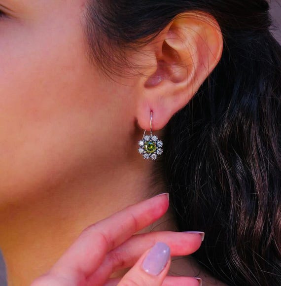 925 Sterling Silver Flower Safety Pin Earrings: White & Green Zircon Diamond Design