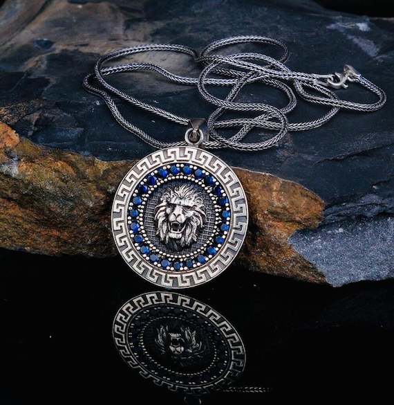 Lion Motif Blue Zircon Stone 925 Sterling Silver Men’s Necklace – 60 cm – 14.38 g