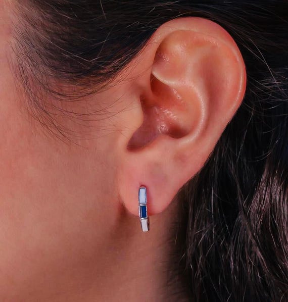 925 Sterling Silver Hoop Earrings with Blue Baguette Zircon – Rhodium Plated