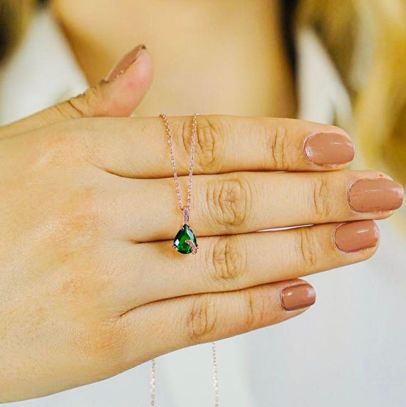 925 Sterling Silver Emerald Green Teardrop Necklace with Zircon – Rose Gold Plated