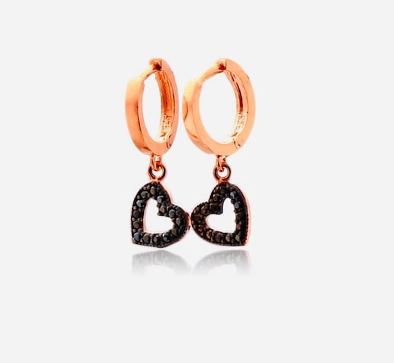 925 Sterling Silver Heart Earrings with Black Zircon Stones – 2.5 g