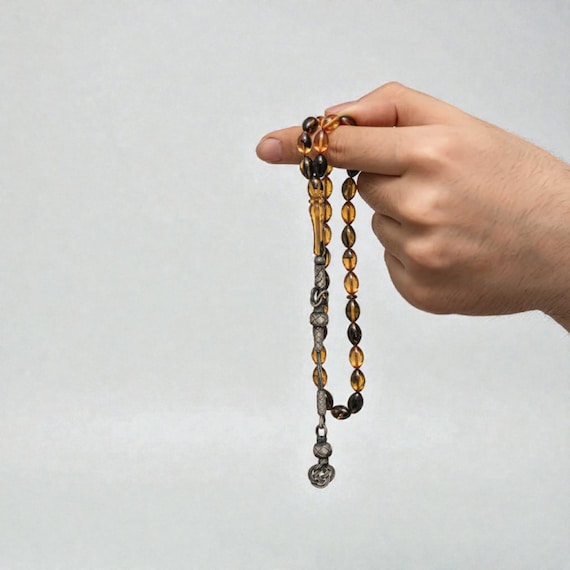 Misbah Prayer Beads, Compressed Amber, 1000 Sterling Silver Tassel, Handmade.