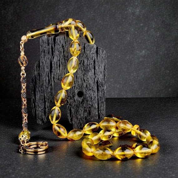 Amber Misbaha with Black Zircon Star Crescent – Arpa Cut Amber Prayer Beads