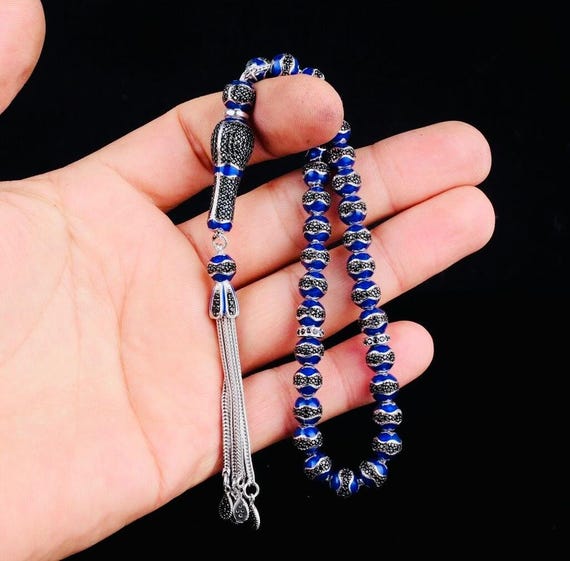 925 Sterling Silver Tasbih – Blue Enamel Zircon – 7.3 mm