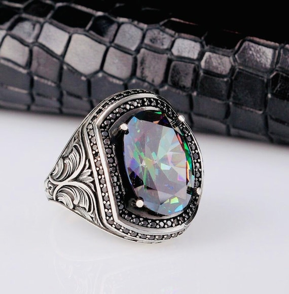 925 Sterling Silver Men’s Ring with Mystic Topaz Stone and Pen Motif