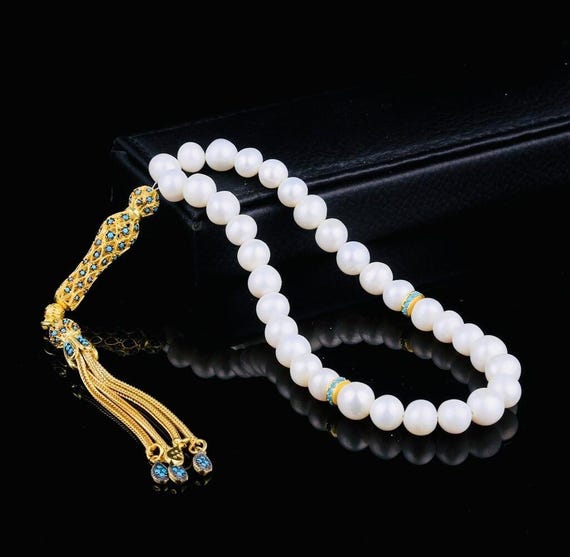 Gold Plated Zircon Silver Set Pearl Misbaha – 8 mm Wrist Tasbih