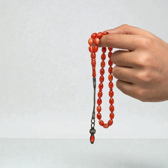 Red Amber Style Misbaha with 1000 Silver Kazaz Tassel