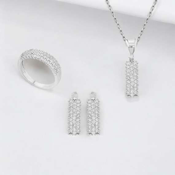 Sterling Silver Tennis Style Jewelry Set for Women 925 Silver Necklace  Earrings