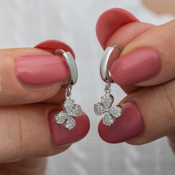 Sterling Silver Clover Dangle Earrings - Rhodium Plated, Handmade