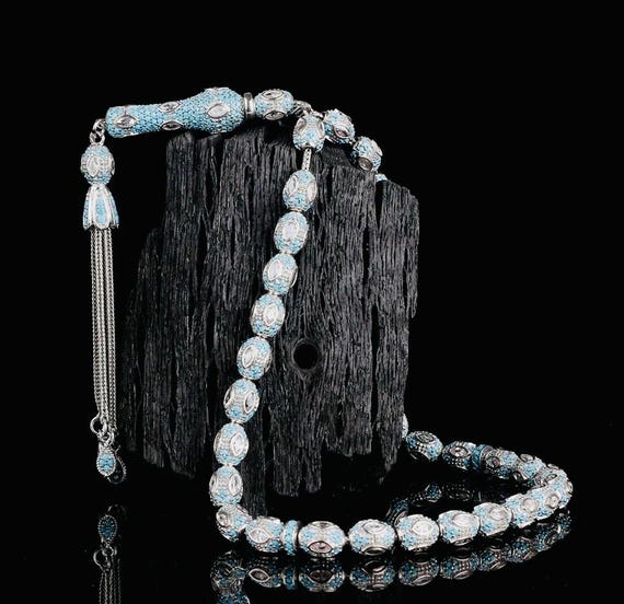 925 Sterling Silver Misbaha – Turquoise Micro Zircon – 6x8 mm – 24 cm