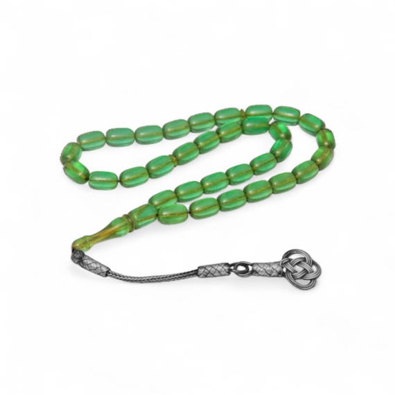 Green Amber Misbaha – Silver Kazaz Tassel – Handmade Capsule Cut Rosary