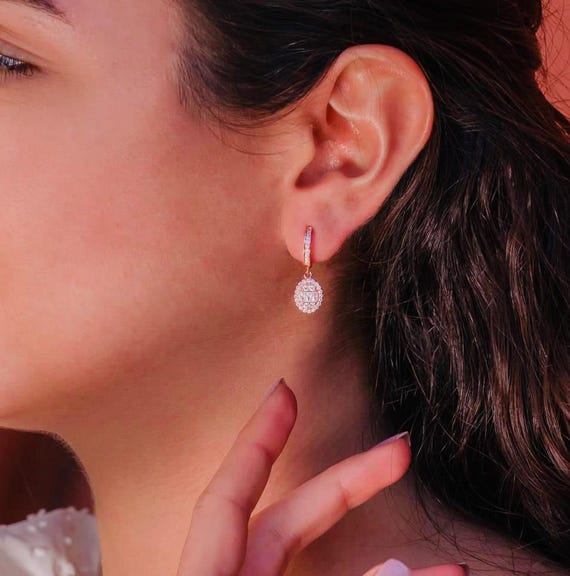 925 Sterling Silver Oval Drop Earrings with Baguette Zircon – Rose Gold Plated