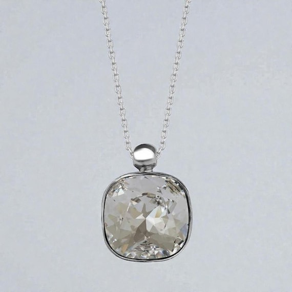 Crystal Square Pendant Necklace • 925 Sterling Silver Chain • Minimalist Women’s Jewelry