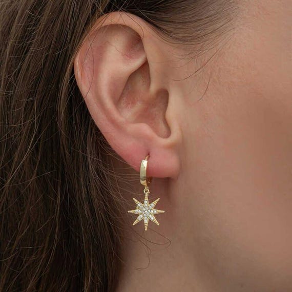 Gold North Star Dangle Earrings for Women 925 Sterling Silver Cubic Zirconia Earrings