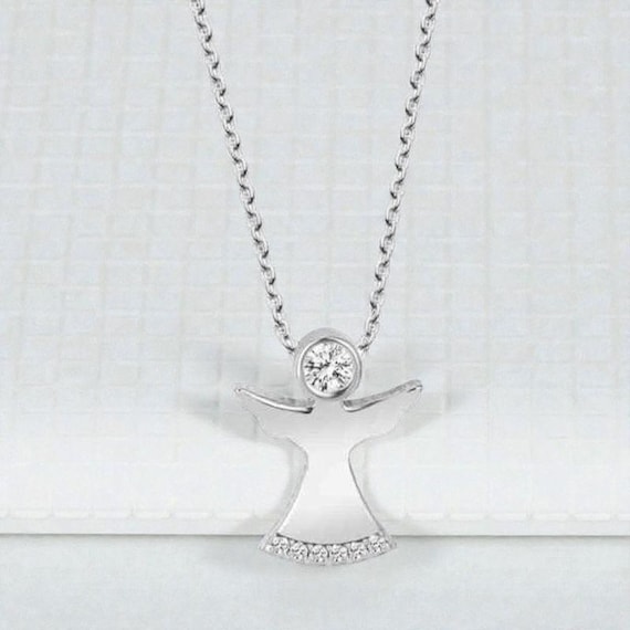 925 Sterling Silver Angel Pendant Necklace – Dainty Crystal Angel Jewelry for Women