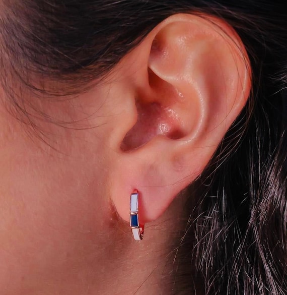 925 Sterling Silver Hoop Earrings with Blue Baguette Zircon – Rose Gold Plated