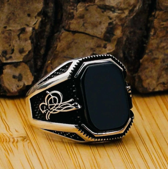 925 Sterling Silver Men’s Ring with Black Onyx and Ottoman Tughra Design