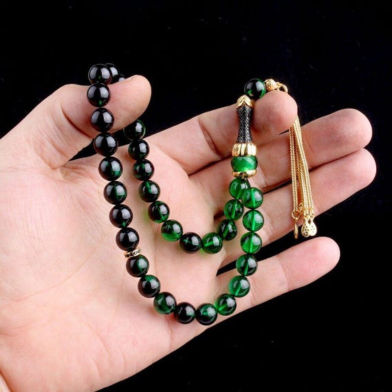 Green Black Fire Amber Tasbih 925 Silver Misbaha with Zircon Handmade Kehribar Prayer Beads