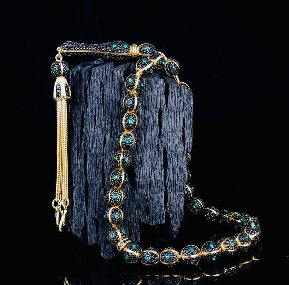 925 Sterling Silver Misbaha – Green Zircon Inlaid – 7.4 mm – 24 cm