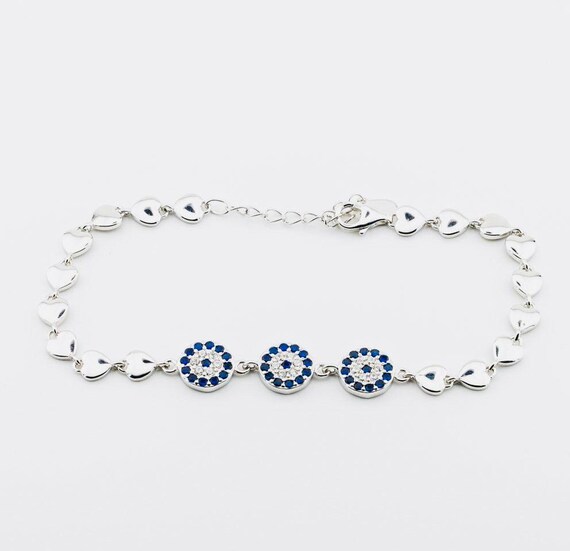 925 Sterling Silver Evil Eye and Heart Bracelet