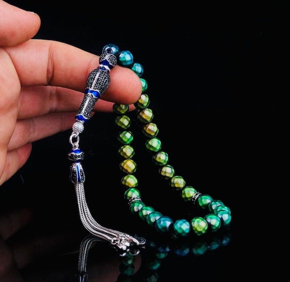 925 Sterling Silver Misbaha – Zircon Inlaid – Color Changing Mood Stone – 8x8 mm – 24 cm