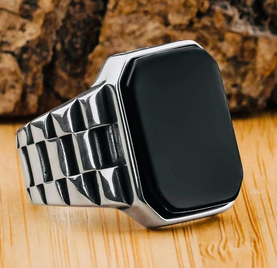 925 Sterling Silver Men’s Ring with Black Onyx Stone and Watch Band Design