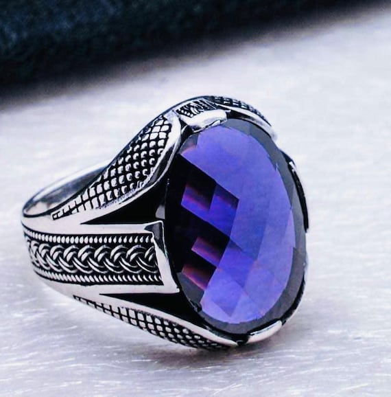 925 Sterling Silver Men’s Ring with Purple Zircon & Woven Design