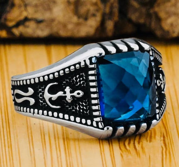 925 Sterling Silver Men’s Ring with Blue Zircon and Anchor Design – 6.4 g