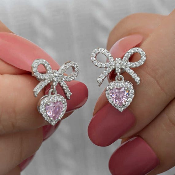 Pink Heart Bow Stud Earrings for Women 925 Sterling Silver Rhodium Plated Earrings