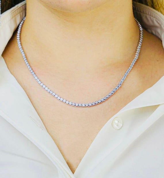 925 Sterling Silver Tennis Necklace: Round Diamond Style Chain, 45cm