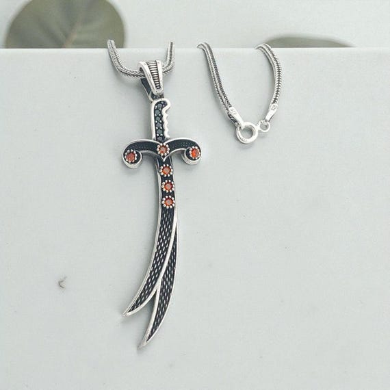 925 Sterling Silver Red Stone Zulfiqar Sword Necklace
